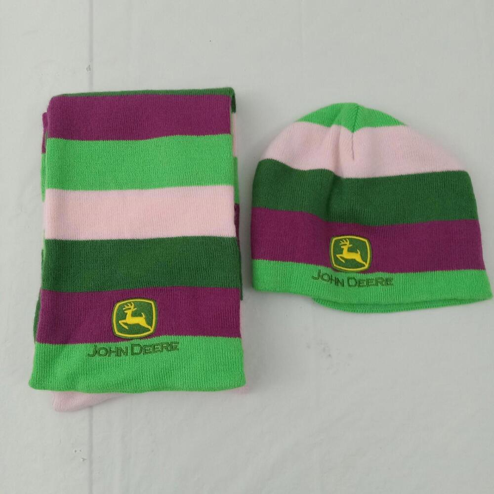 John Deere Knit Hat & Scarf Set Green Pink Purple Acrylic Embroidered Logos
